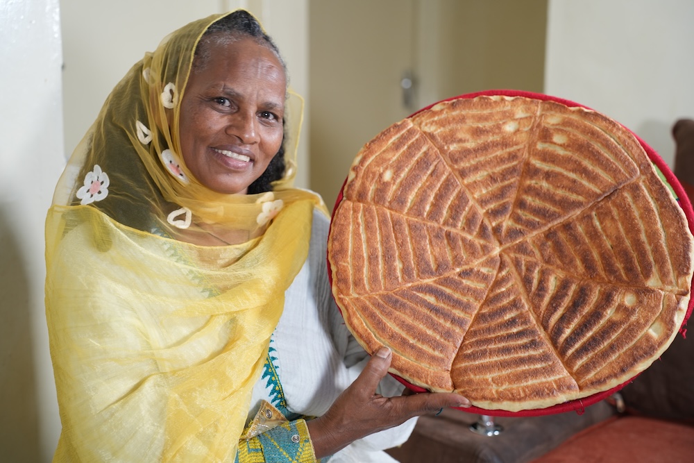 woman holding up some food