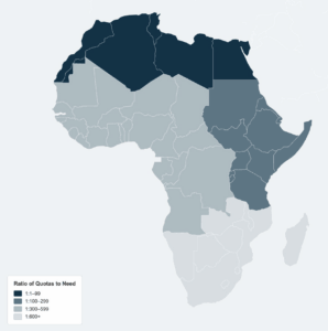 A map of Africa showing that the probability of a refugee being resettled gets higher further north.
