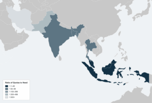 A map of southeast Asia showing that a refugee in need of resettlement is significantly more likely to have access to it the further south and east they are in Asia.